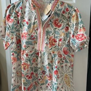 Floral Print Blouse with Red and Green Accents
